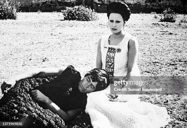 Italian actress Silvana Mangano and Italian actor Franco Citti on the set of the film “Oedipe roi” directed by Pier Paolo Pasolini.