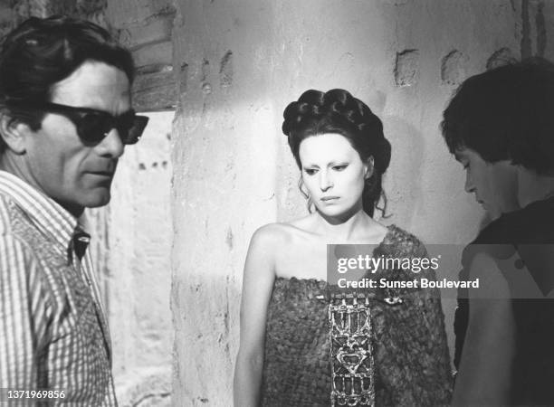 Italian director Pier Paolo Pasolini directs Italian actress Silvana Mangano and Italian actor Franco Citti on the set of the film “Oedipe roi”...