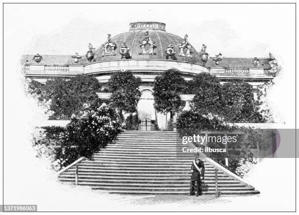 antique travel photographs of berlin and germany: palace of sans souci - palacio sans souci stock illustrations