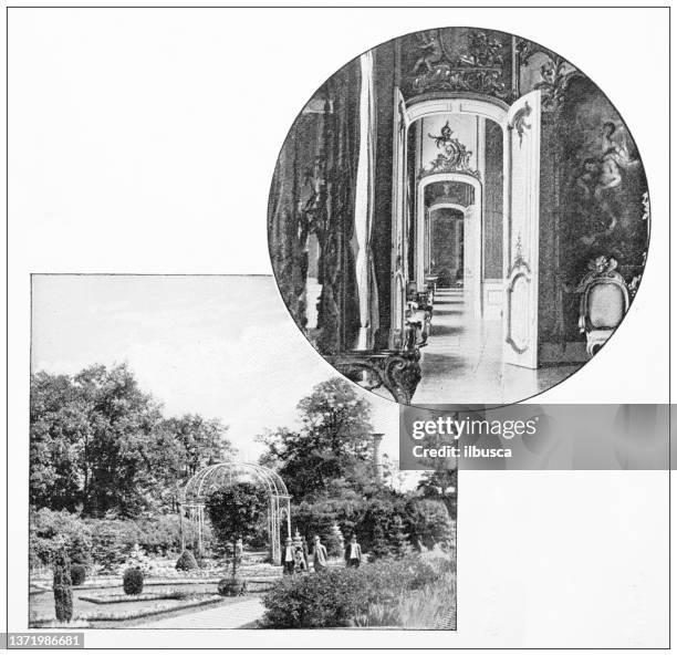 antique travel photographs of berlin and germany: palace of sans souci - palacio sans souci stock illustrations