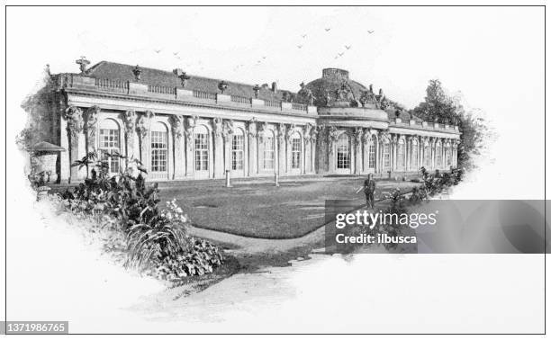 antique travel photographs of berlin and germany: palace of sans souci - palacio sans souci stock illustrations