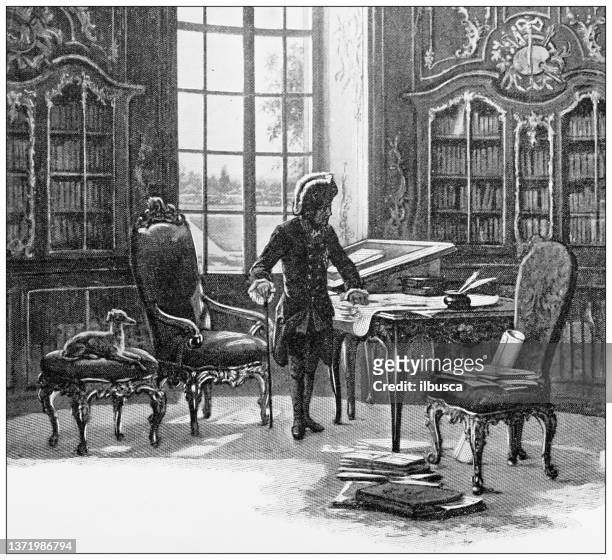 antique travel photographs of berlin and germany: palace of sans souci, frederick in his study - palacio sans souci stock illustrations