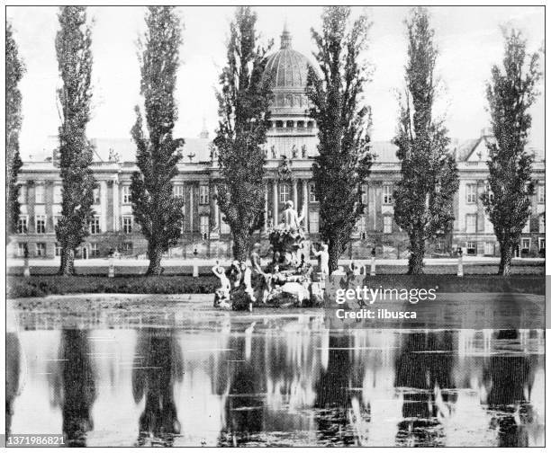 antique travel photographs of berlin and germany: palace of sans souci - palacio sans souci stock illustrations