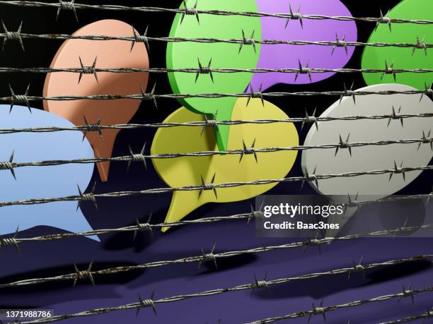 freedom of speech - speech bubble behind barbed wire - censored foto e immagini stock