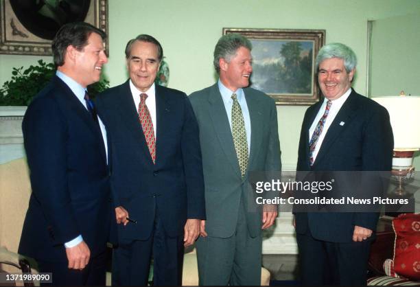 View of, from left, US Vice President Al Gore, incoming Senate Majority Leader Bob Dole , US President Bill Clinton, and incoming Speaker of the...