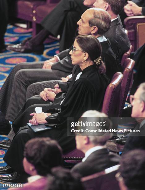 Elevated view Associate Justices of the Supreme Court Ruth Bader Ginsburg and Stephen Breyer attend a Joint Session of the US Congress, Washington...
