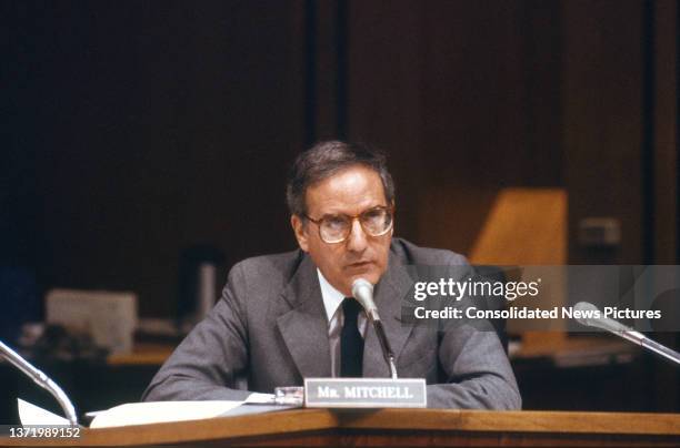 View of US Senator George J Mitchell during a Senate Permanent Subcommittee on Investigations hearing on Capitol Hill, Washington DC, April 11, 1988....