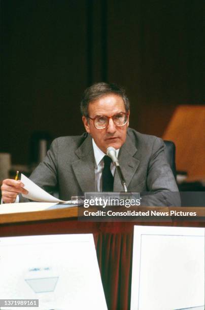 View of US Senator George J Mitchell during a Senate Permanent Subcommittee on Investigations hearing on Capitol Hill, Washington DC, April 11, 1988....