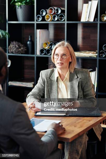 woman having a meeting with her colleague - mediaphotos stock pictures, royalty-free photos & images