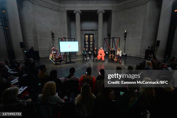 General view as Caroline Rush, Chief Executive of the British Fashion Council, Leanne Elliott-Young, Jamie Gill from Roksanda and Natalie McGrath...