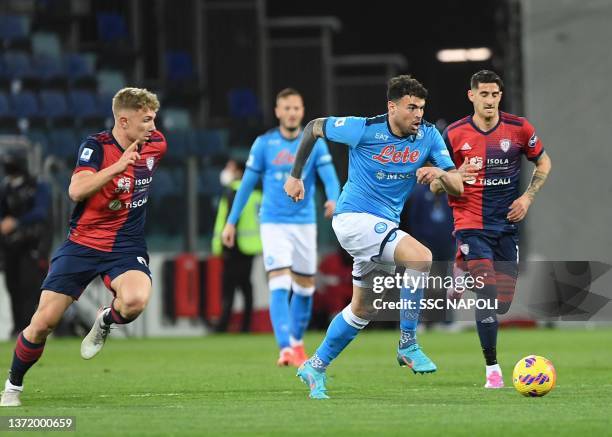 Andrea Petagna of Napoli during the Serie A match between Cagliari Calcio and SSC Napoli at Sardegna Arena on February 21, 2022 in Cagliari, Italy.