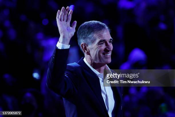 John Stockton reacts after being introduced as part of the NBA 75th Anniversary Team during the 2022 NBA All-Star Game at Rocket Mortgage Fieldhouse...