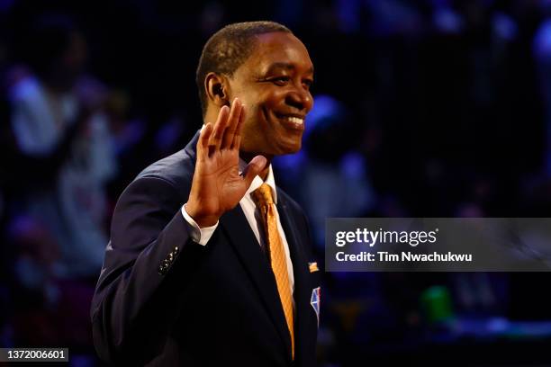 Isiah Thomas reacts after being introduced as part of the NBA 75th Anniversary Team during the 2022 NBA All-Star Game at Rocket Mortgage Fieldhouse...