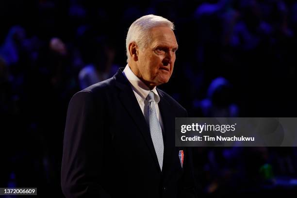 Jerry West reacts after being introduced as part of the NBA 75th Anniversary Team during the 2022 NBA All-Star Game at Rocket Mortgage Fieldhouse on...