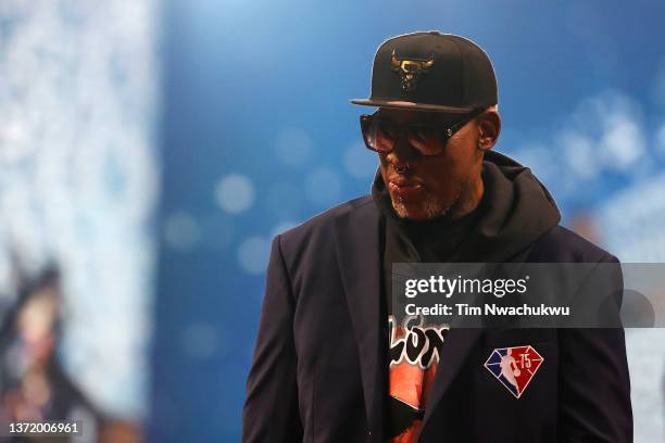 Dennis Rodman reacts after being introduced as part of the NBA 75th Anniversary Team during the 2022 NBA All-Star Game at Rocket Mortgage Fieldhouse...