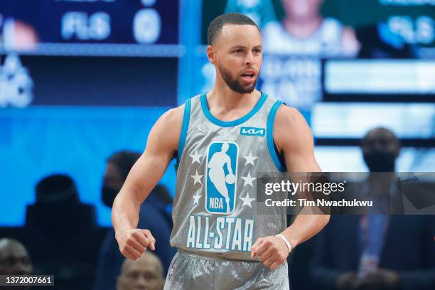 Stephen Curry of Team LeBron reacts during a game against Team Durant during the 2022 NBA All-Star Game at Rocket Mortgage Fieldhouse on February 20,...