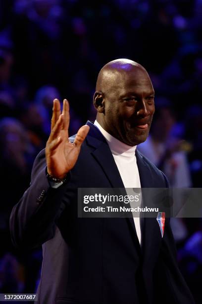 Michael Jordan reacts after being introduced as part of the NBA 75th Anniversary Team during the 2022 NBA All-Star Game at Rocket Mortgage Fieldhouse...