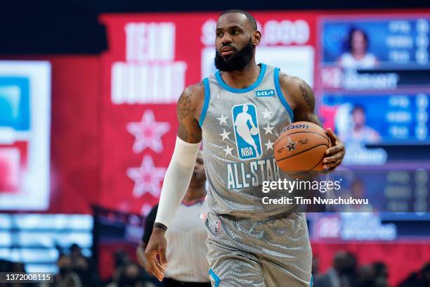 LeBron James of Team LeBron looks on against Team Durant during the 2022 NBA All-Star Game at Rocket Mortgage Fieldhouse on February 20, 2022 in...