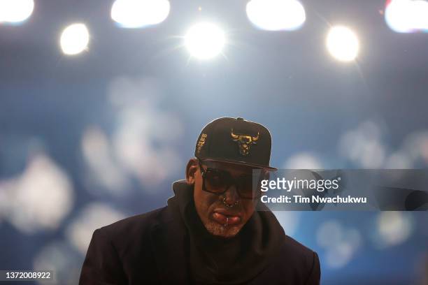 Dennis Rodman reacts after being introduced as part of the NBA 75th Anniversary Team during the 2022 NBA All-Star Game at Rocket Mortgage Fieldhouse...