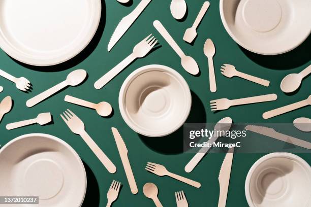 plastic free disposable paper plates with wooden eating utensils - papieren bord stockfoto's en -beelden