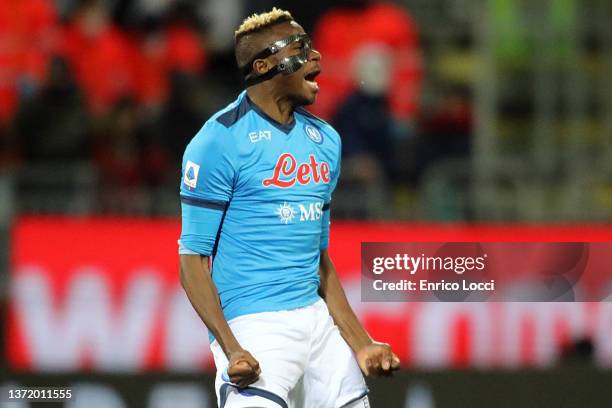 Victor Osimhen of Napoli celebrates after scoring his goal of 1-1 during the Serie A match between Cagliari Calcio and SSC Napoli at Sardegna Arena...