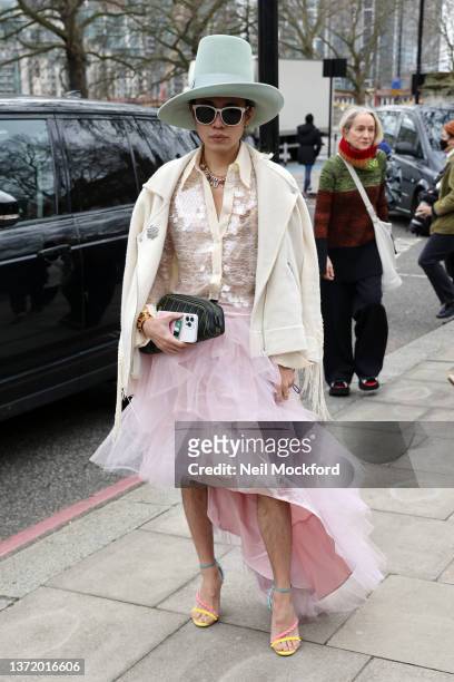 Guest wearing a green hat, a pink tutu skirt, and sunglasses attends Roksanda at Tate Britain during London Fashion Week February 2022 on February...