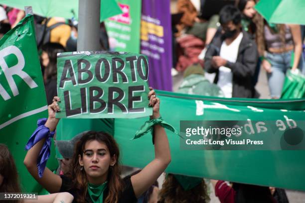 Pro-choice demonstrators protest with banners and signs in support of the decriminalization of abortions as both Pro-Choice and anti-abortion...
