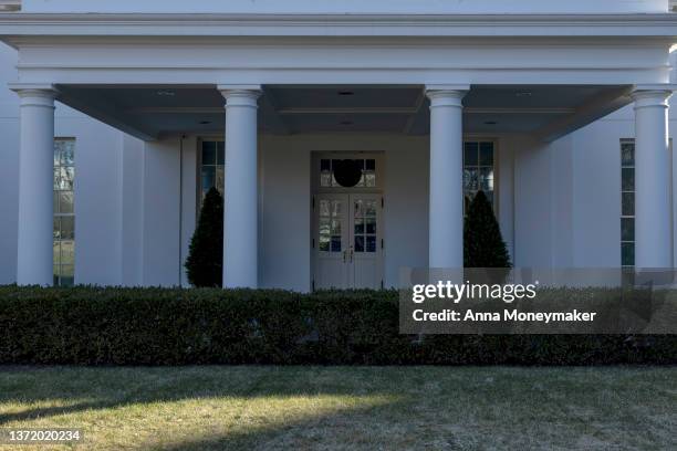 View of the entrance to the West Wing of the White House on Presidents Day, on February 21, 2022 in Washington, DC. U.S. President Joe Biden is...