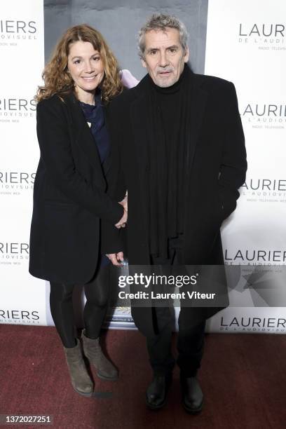 Juliette Meyniac and Manuel Gelin attend "Les Lauriers De L'Audiovisuel" Photocall at Theatre Marigny on February 21, 2022 in Paris, France.