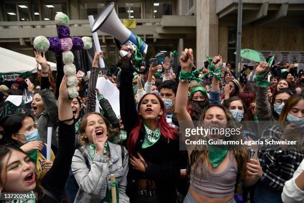 Pro-Choice demonstrators celebrate outside the Justice Palace after the Constitutional Court voted in favor of decriminalizing abortion up to 24...