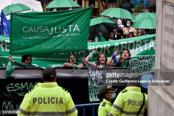 Pro-Choice demonstrators shout slogans outside the Justice Palace as Constitutional Court debate on the decriminalization of abortion up to 24 weeks...