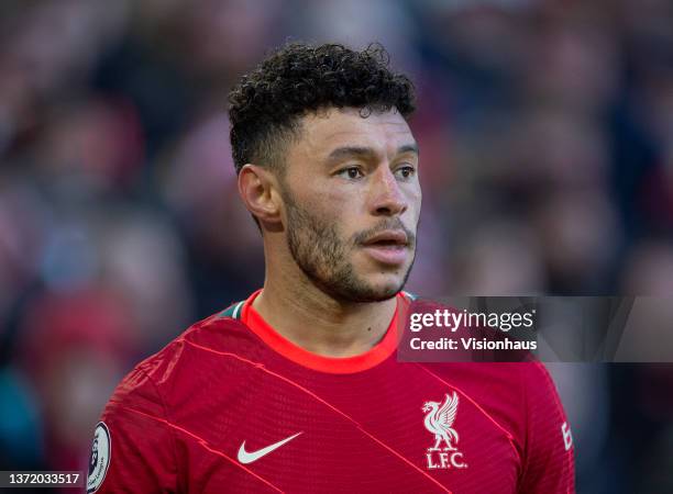 Alex Oxlade-Chamberlain of Liverpool during the Premier League match between Liverpool and Norwich City at Anfield on February 19, 2022 in Liverpool,...