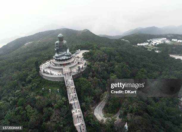 tian tan big buddha aerial view in hong kong - giant buddha stock pictures, royalty-free photos & images