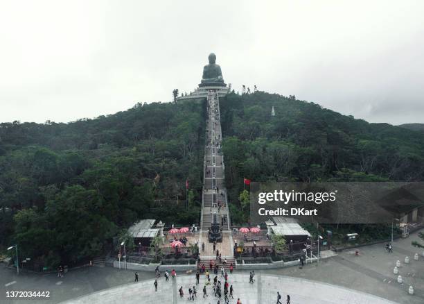 tian tan big buddha aerial view in hong kong - bronze alloy stock pictures, royalty-free photos & images