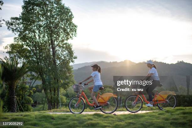 mother and daughter ride their bikes home in weekend city in china - adult riding bike through park stock pictures, royalty-free photos & images