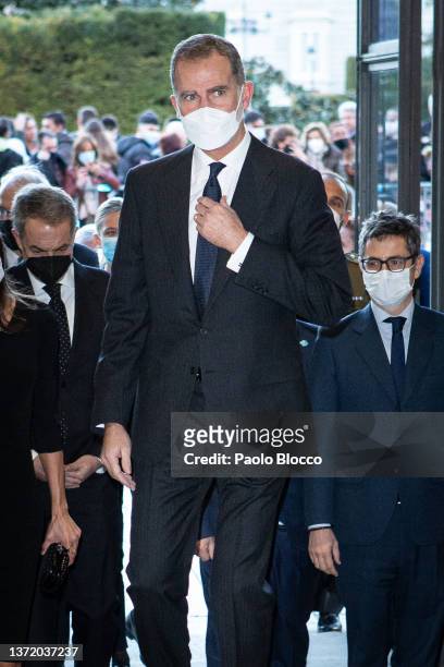 King Felipe VI of Spain attends the 5th centenary of the death of Antonio Nebrija commemorating gala at the Royal Theatre on February 21, 2022 in...