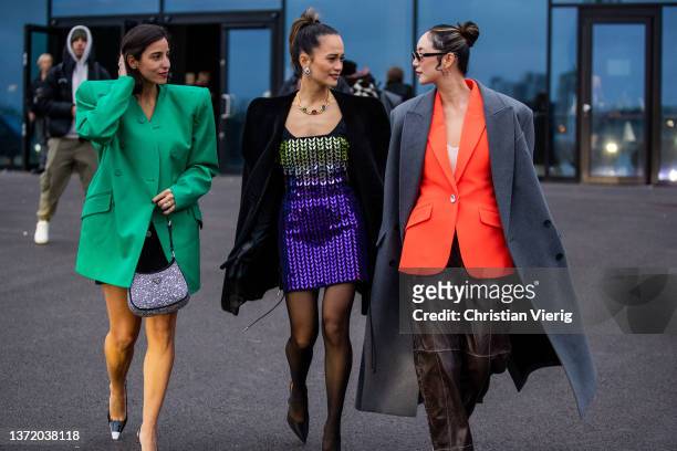 Anna Rosa Vitiello seen wearing purple glitter dress, sheer tights, black coat, heels & Betty Bachz wearing orange blazer, brown pants, grey...