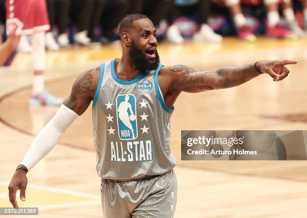 LeBron James of Team LeBron reacts in a game against Team Durant during the 2022 NBA All-Star Game at Rocket Mortgage Fieldhouse on February 20, 2022...