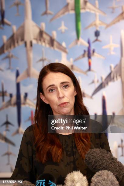 New Zealand Prime Minister Jacinda Ardern speaks to media at Auckland International Airport on February 22, 2022 in Auckland, New Zealand. The New...