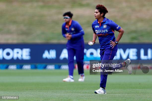 Indian player Meghna Sing bowls during game four in the One Day International series between the New Zealand White Ferns and India at John Davies...