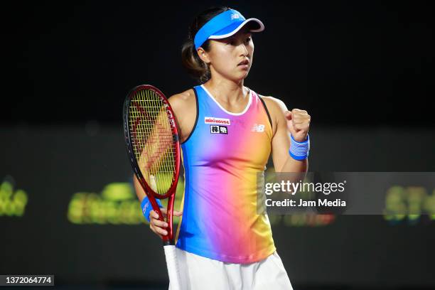 Misaki Doi of Japan gestures during a match between Misaki Doi of Japan and Marie Bouskova of Czech Republic as part of day 1 of te AKRON WTA Zapopan...