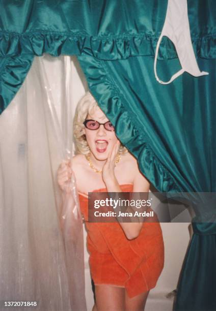 funny vintage photo, 1980s 1990s, vintage woman surprised in bathroom - offbeat stock pictures, royalty-free photos & images