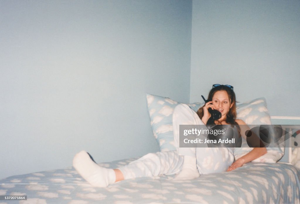 Vintage Teenage Girl Talking on Telephone in 1990s Bedroom Cloud Print Y2K Fashion 2000s
