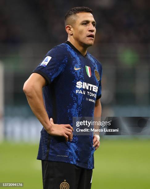 Alexis Sanchez of FC Internazionale looks on during the Serie A match between FC Internazionale and US Sassuolo at Stadio Giuseppe Meazza on February...