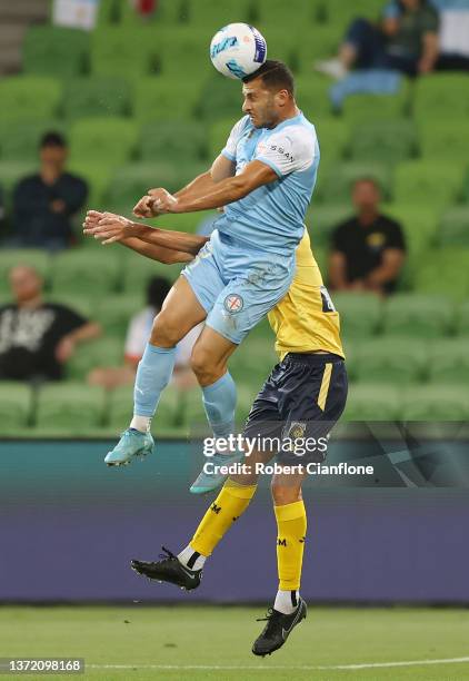 Andrew Nabbout of Melbourne City heads the ball during the A-League Men's match between Melbourne City and Central Coast Mariners at AAMI Park, on...