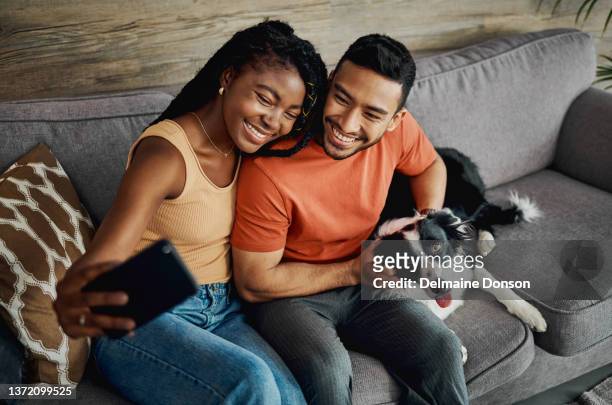 shot of a young couple sitting on the sofa at home with their dog and taking selfies with a cellphone - hairy back man stock pictures, royalty-free photos & images
