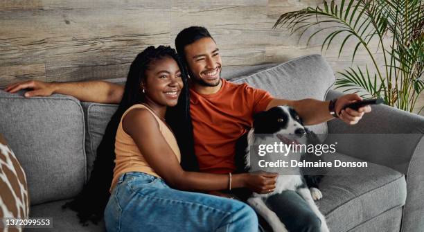 photo d’un jeune couple heureux assis sur le canapé à la maison avec leur border collie et regardant la télévision - regarder tv photos et images de collection