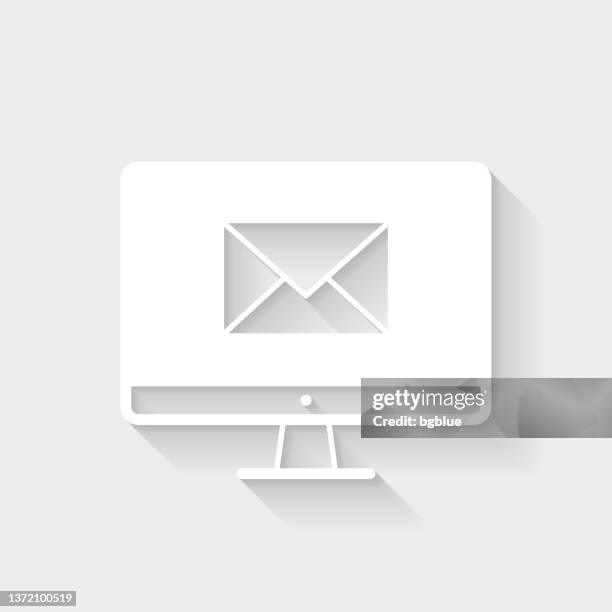 desktop computer with email message. icon with long shadow on blank background - flat design - white envelope stock illustrations