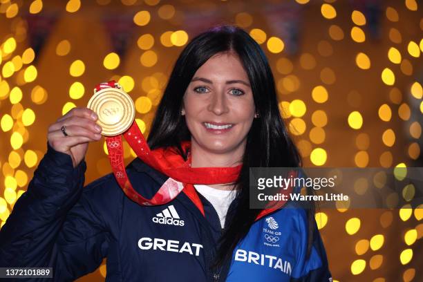 Curling Olympic gold medalist, Eve Muirhead of Team GB poses for a portrait as she arrives back from the Beijing Winter Olympics pictured at Langham...