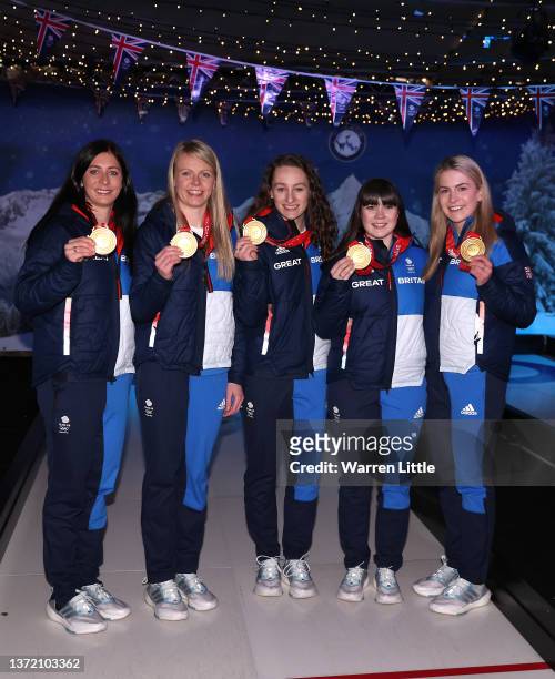 Curling Olympic gold medalists, Eve Muirhead, Vicky Wright, Jennifer Dodds, Hailey Duff and Milli Smith of Team GB pose at a media pgoto call as they...